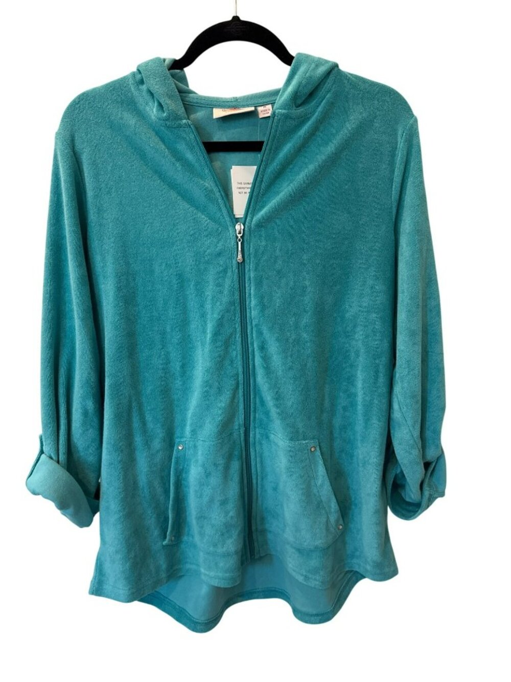 Quacker Factory Turquoise Terry Hoodie Jacket Rhinestones Medium NWT Sparkle